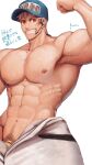  1boy abs animal_costume animal_print bara baseball_cap biceps clothes_pull flexing hat headset highres large_pectorals male_focus male_pubic_hair meishou_(cantabile1222) muscular muscular_male navel nipple_piercing nipples original pectorals penis penis_peek piercing pose pubic_hair red_eyes short_hair smile solo sweat sweatdrop teeth tiger_costume tiger_print tiger_stripes translation_request white_hair 
