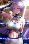  1girl absurdres areola_slip areolae arm_up breasts cleavage cleavage_cutout closed_mouth clothing_cutout grey_hair highres large_breasts looking_at_viewer mecha_musume mechanical_arms navel original purple_eyes race_queen salute short_hair sideboob smile solo takefu_jiin 