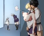  1boy 3girls ahoge between_legs black_hair blonde_hair blue_background blurry boots braid breasts closed_eyes depth_of_field fate/grand_order fate_(series) fingering fingering_through_clothes fujimaru_ritsuka_(male) grey_hair groping hand_between_legs heart highres jeanne_d&#039;arc_(alter)_(fate) jeanne_d&#039;arc_(fate) jeanne_d&#039;arc_(fate/apocrypha) jeanne_d&#039;arc_alter_santa_lily_(fate) knee_boots large_breasts leaning_forward multiple_girls necktie nipple_tweak notice_lines purple_necktie purple_skirt shinssee skirt smile spoken_heart sweat thighhighs through_clothes 