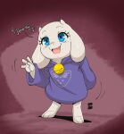  2022 4_fingers absurd_res anthro blue_eyes boss_monster bovid caprine clothed clothing dialogue english_text eyelashes fangs female fingers hand_behind_back hi_res horn joaoppereiraus long_ears mammal open_mouth open_smile smile solo text toriel undertale undertale_(series) video_games young 