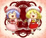  2girls bat_wings blonde_hair blue_hair bow brown_footwear cha_kuro_(limo) closed_eyes dress flandre_scarlet frills happy multiple_girls pink_background pink_dress pink_headwear red_background red_bow red_dress red_footwear remilia_scarlet socks touhou white_dress white_headwear wings yellow_bow 