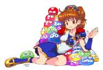  1girl arle_nadja armor artist_name blush boots bracer breastplate brown_eyes brown_hair cape collarbone commission dated dreaminerryday english_commentary headdress kneehighs madou_monogatari pauldrons puyo_(puyopuyo) puyopuyo short_hair shoulder_armor single_pauldron sitting skirt smile yokozuwari 