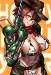  1girl absurdres android animal_print bikini breasts brown_eyes brown_hair brown_headwear cleavage closed_mouth cow_print cowboy_hat glasses gun hat highres holding holding_gun holding_weapon large_breasts looking_at_viewer mechanical_arms mechanical_parts micro_bikini navel orange_background original revolver round_eyewear semi-rimless_eyewear short_hair simple_background single_mechanical_arm smile solo swimsuit takefu_jiin tongue tongue_out under-rim_eyewear weapon 