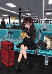  1girl absurdres airport ankle_boots bag bag_removed bangs bench black_bag black_footwear black_legwear black_shirt black_skirt blue_eyes blush book boots brown_hair carpet ceiling ceiling_light clothing_cutout comiket_99 cover cover_page crossed_legs elisia_valfelto eyebrows_behind_hair full_body glasses hair_behind_ear hair_intakes handbag hands_up high-waist_skirt highres holding holding_book indoors jewelry lights long_hair long_sleeves looking_at_viewer looking_to_the_side luggage luicent necklace open_book original parted_lips people reading ribbed_legwear rolling_suitcase scenery shiny_footwear shirt shirt_tucked_in shoulder_bag sidelocks sign sitting skirt socks solo_focus suitcase thick_eyebrows window yellow-framed_eyewear 