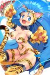  1girl :d absurdres animal_ears animal_hands animal_print arm_up bare_shoulders big_hair blue_eyes blue_hair blush breasts chinese_zodiac claw_pose commentary_request commission fangs feet_out_of_frame felicia_(vampire) gao hand_up happy highres invisible_chair iroyopon large_breasts long_hair looking_at_viewer navel open_mouth paw_print pixiv_request print_legwear simple_background sitting smile solo tail thighhighs tiger_ears tiger_girl tiger_paws tiger_print tiger_tail vampire_(game) very_long_hair white_background year_of_the_tiger 