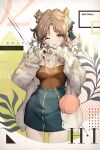  1girl alternate_costume alternate_hairstyle blush breasts brown_eyes brown_hair comiket_99 hair_ornament highres ichikawa_hinana idolmaster idolmaster_shiny_colors jacket long_sleeves looking_at_viewer medium_breasts one_eye_closed solo umeume_(totoya) wavy_hair 