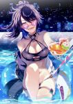  1girl bikini black_bikini black_collar black_hair blue_hair breasts cherry cleavage cocktail_glass collar colored_inner_hair cup drinking_glass food fruit head_tilt heart heart-shaped_eyewear highres holding holding_cup indie_virtual_youtuber innertube kson large_breasts multicolored_hair navel night night_sky open_mouth purple_eyes rait_visual_works sitting sky skyline solo souchou sunglasses swimsuit thigh_strap virtual_youtuber 