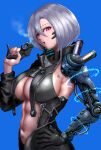 1girl absurdres blue_background breasts cleavage cyberpunk eyebrows_visible_through_hair grey_hair highres large_breasts looking_at_viewer mechanical_arms mechanical_parts navel original parted_lips pink_eyes prosthesis short_hair simple_background single_mechanical_arm solo takefu_jiin 