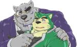 2022 anthro black_nose blush borealis_(live-a-hero) canid canine canis clothed clothing domestic_dog duo exe_exem fur green_body green_fur humanoid_hands kemono lifewonders live-a-hero male mammal mokdai overweight overweight_male polar_bear ursid ursine video_games white_body white_fur 