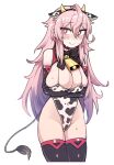  1girl ahoge animal_ears animal_print arms_under_breasts bangs bare_shoulders bell black_bow black_gloves black_hairband black_legwear black_souls bow breast_hold breasts bright_pupils cleavage closed_mouth covered_navel cow_ears cow_horns cow_print cow_tail cowbell cowboy_shot cropped_legs crossed_arms elbow_gloves gloves groin hair_between_eyes hairband highleg highleg_leotard highres horns huge_ahoge large_breasts legs_together leotard long_hair nyong_nyong pink_hair prickett_(black_souls) red_eyes sidelocks simple_background skindentation smile solo star-shaped_pupils star_(symbol) sweat symbol-shaped_pupils tail thighhighs thighs very_long_hair white_background white_pupils yellow_horns 