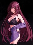  1girl alternate_costume bra breasts dress fate/grand_order fate_(series) frown_(wonderland85711) hair_intakes large_breasts long_hair looking_at_viewer purple_hair red_eyes scathach_(fate) strap_slip thighhighs underwear undressing very_long_hair 