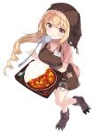  1girl apron bangs blonde_hair blush breasts brown_apron cleavage closed_mouth collarbone collared_shirt commentary_request copyright_request curry curry_rice dress_shirt eyebrows_visible_through_hair food full_body fur_trim hair_between_eyes head_scarf highres holding holding_tray ladle long_hair medium_breasts minamoto_mamechichi official_art paw_shoes pink_shirt red_eyes rice shirt short_sleeves simple_background smile solo spoon standing standing_on_one_leg translation_request tray very_long_hair white_background 