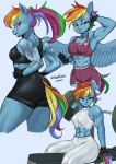  2022 abs absurd_res anthro artist_name blue_body blush bra breasts butt clothed clothing equid equine exercise female fingerless_gloves friendship_is_magic gloves hair handwear hi_res looking_back mammal midriff multicolored_hair muscular muscular_anthro muscular_female my_little_pony navel nire pegasus ponytail rainbow_dash_(mlp) rainbow_hair red_eyes sitting solo sports_bra standing tattoo underwear weights wings workout workout_clothing 