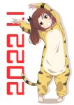  1girl 2022 animal_costume animal_print bangs barefoot black_bow bow brown_eyes brown_hair buchikaki chinese_zodiac commentary full_body girls_und_panzer grin hair_bow kadotani_anzu leaning_to_the_side long_hair looking_at_viewer new_year onesie parted_bangs shadow simple_background smile solo standing tiger_costume tiger_print twintails white_background year_of_the_tiger 