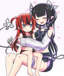  2girls bangs belt black_hair black_skirt black_tube_top blue_eyes blunt_bangs blush breasts child closed_eyes closed_mouth clothing_cutout commentary_request demon_girl demon_horns demon_tail full_body heart highres horns hug jacket kojo_anna lace_trim long_hair loose_belt medium_breasts multicolored_hair multiple_girls official_alternate_costume open_mouth orange-bird pencil_skirt pointy_ears purple_belt purple_hair red_hair russian_text ryugasaki_rene shoulder_cutout shrug_(clothing) simple_background skirt smile strapless sugar_lyric sweatdrop tail tube_top two-tone_hair virtual_youtuber wavy_mouth white_background white_jacket younger 