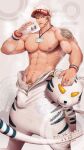  1boy abs animal_costume animal_print bulge clothes_pull cup erection erection_under_clothes headset highres holding holding_cup large_pectorals male_focus male_pubic_hair meishou_(cantabile1222) muscular muscular_male navel nipple_piercing nipples orange_eyes original parted_lips pectorals penis penis_peek piercing pubic_hair short_hair solo sweat sweatdrop tiger_costume tiger_print tiger_stripes translation_request visor_cap white_hair wristband 