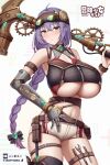  1girl :o android axe belt belt_pouch braid braided_ponytail breasts cleavage cleavage_cutout clothing_cutout curvy gears goggles goggles_on_head highres huge_breasts kannko_bokujou mechanical_arms navel original over_shoulder plump pouch purple_hair short_shorts shorts single_mechanical_arm skindentation solo steampunk thighhighs thighs underboob weapon weapon_over_shoulder yellow_eyes 
