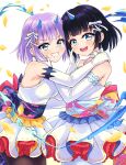  2girls absurdres akirappy armpits black_hair breasts elbow_gloves fuujin_(monster_strike) gloves highres large_breasts mole mole_under_mouth monster_strike multiple_girls pantyhose raijin_(monster_strike) simple_background smile thighs wedding white_hair yuri 