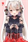  1girl alternate_costume amatsukaze_(kancolle) blush brown_eyes eyebrows_visible_through_hair heart heart-shaped_lock heart_lock_(kantai_collection) highres kantai_collection long_hair long_sleeves looking_at_viewer open_mouth pen_chou plaid plaid_skirt red_skirt silver_hair skirt smile solo two_side_up upper_body 
