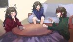  3girls bangs black_hair blue_eyes blue_hair blue_hoodie blunt_bangs closed_eyes commentary_request couch cup demon_girl demon_horns feet_out_of_frame flat_chest green_hoodie highres holding holding_cup hood hoodie horns indoors kojo_anna kotatsu long_hair long_sleeves looking_at_another mug multicolored_hair multiple_girls open_mouth pointy_ears purple_hair red_eyes red_hair red_hoodie ryugasaki_rene shishio_chris short_hair smile sparkle sugar_lyric table two-tone_hair virtual_youtuber zono_(inokura_syuzo029) 