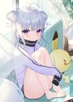  1girl ahoge bangs bare_legs barefoot blush closed_mouth commentary_request day double_bun eyebrows_visible_through_hair grey_hair hair_ornament hairclip highres hugging_own_legs indoors jacket knees_up long_hair long_sleeves original pikachu pokemon purple_eyes purple_jacket sitting sleeves_past_fingers sleeves_past_wrists solo sunlight transparent tree tsukiman very_long_hair window 