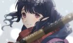  1girl artist_request backpack bag black_hair blurry blurry_foreground close-up fukumaru_koito highres idolmaster idolmaster_shiny_colors looking_at_viewer plaid plaid_scarf portrait purple_eyes red_scarf scarf snowing solo twintails upper_body wind 
