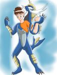 2013 animate_inanimate anthro anthrofied blue_background blue_body blue_eyes brown_hair claws clothed clothed_human clothing colored consensual_transformation digital_drawing_(artwork) digital_media_(artwork) fin generation_5_pokemon hair happy hi_res human human_to_anthro jonesycat79 living_clothing looking_at_self male mammal mid_transformation nintendo orange_clothing orange_shirt orange_topwear pokemon pokemon_(species) pokemorph samurott shirt simple_background smile solo species_transformation standing suit_transformation tail tail_fin topwear transformation whiskers
