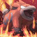 2026 absurd_res ambiguous_feral ambiguous_gender black_eyes black_hooves blue_markings camelid camerupt cloven_hooves eruption feral fur generation_3_pokemon hi_res hooves lava mammal markings narrowed_eyes nintendo open_mouth pink_tongue pokemon pokemon_(species) pupils quadruped red_body red_ears red_fur ring_(marking) rock shaded solo spicyichizo teeth tongue white_pupils