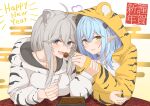  2022 2girls absurdres ahoge animal_costume animal_ear_fluff animal_ears animal_print blue_hair blush breasts chinese_zodiac ear_piercing eyebrows_visible_through_hair eyes_visible_through_hair fang grey_eyes grey_hair heart_ahoge highres holding_another&#039;s_wrist hololive lion_ears long_hair micon multiple_girls new_year onesie open_mouth piercing pointy_ears shishiro_botan sidelocks tiger_costume tiger_print tongue tongue_out virtual_youtuber year_of_the_tiger yellow_eyes yukihana_lamy yuri 