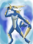 2013 after_transformation anthro anthrofied blue_background blue_body blue_eyes claws colored digital_drawing_(artwork) digital_media_(artwork) dual_wielding featureless_crotch fin generation_5_pokemon happy hi_res holding_object holding_weapon jonesycat79 looking_at_self male melee_weapon nintendo nude nude_anthro pokemon pokemon_(species) pokemorph samurott simple_background smile solo standing sword tail tail_fin weapon whiskers
