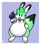  anthro belly big_belly black_body black_ear_tips black_fur black_tail_tip bomb chest_tuft collar explosives foamytail fur green_body green_fur green_hair green_nose green_tongue hair hand_on_stomach long_ears louie_(bomberman) male simple_background simple_eyes solo tongue tuft white_body white_feet white_fur 