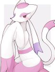 2026 ambiguous_gender anthro black_nose blush blush_lines border dipstick_tail english_text facial_markings fur generation_5_pokemon half-closed_eyes head_markings hi_res kappako_chan markings mienshao narrowed_eyes nintendo pink_body pink_fur pink_tail_tip pokemon pokemon_(species) purple_body purple_eyes purple_fur shiny_pokemon simple_background solo tail tail_markings text white_background white_body white_border white_ears white_fur white_sclera white_tail