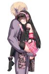  1boy 1girl argyle_clothes argyle_skirt backless_kimono bare_shoulders black_boots black_hair black_horns black_kimono black_scarf black_sleeves black_thighhighs blonde_hair blunt_bangs blush boots bow_hairband bridal_gauntlets censored cherry_blossom_print clenched_teeth clothed_female_nude_male clothing_cutout colored_skin commentary_request cowboy_shot demon_boy detached_sleeves eyeshadow floral_print floral_print_kimono floral_print_sleeves from_side furisode_sleeves hairband hand_on_another's_shoulder hetero hip_vent holding_another's_leg horns japanese_clothes kimono kurotobi_rarumu kuroushi_kagemitsu long_hair looking_at_viewer makeup miniskirt mosaic_censoring multicolored_horns nervous nude obi official_art penis pink_bridal_gauntlets pink_eyes pink_hairband pleated_skirt print_kimono purple_skin raised_inner_eyebrows red_eyeshadow red_horns sash scarf sex side_cutout sidelocks simple_background skirt sleeveless sleeveless_kimono standing standing_missionary standing_on_one_leg standing_sex straight_hair teeth thighhighs two-tone_horns white_background wide_sleeves yozakura_kitan 