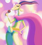 2025 abstract_background antelope blue_bottomwear blue_clothing blue_shorts bottomwear bovid butt cape clothing cyndavilachase digital_drawing_(artwork) digital_media_(artwork) disney electronics female fur gazelle gazelle_(zootopia) gradient_background hi_res horn light lighting long_ears long_horn looking_at_viewer looking_back mammal microphone pink_cape pink_clothing pose presenting presenting_hindquarters rear_view shorts simple_background singing skinny solo tail tan_body tan_fur yellow_body yellow_fur zootopia