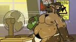 <keystone> anthro belly beverage_bottle big_belly blush bodily_fluids body_hair bottle city city_background clothed clothing container desk_fan dion_(junodraws) dreadlocks drooling electric_fan eyes_closed happy_trail heat_(temperature) hyena jockstrap jockstrap_only junodraws male mammal my_chemical_romance navel nipples overweight overweight_male piercing saliva sitting soda_bottle solo sweat tongue tongue_out tongue_piercing topless underwear underwear_only warning_sign