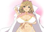  1girl :q absurdres arm_under_breasts ashino255 blush bow breasts brown_hair cleavage cleavage_cutout clothing_cutout come_hither commentary_request corset curled_ends curly_hair gradient_background green_eyes hair_bow haruka_(senran_kagura) highres huge_breasts lab_coat licking_lips linea_alba looking_at_viewer medium_hair naughty_face open_mouth pink_background pink_bow pink_corset radial_gradient_background revealing_clothes seductive_smile senran_kagura shiny_skin smile solo swept_bangs teeth tongue tongue_out upper_body upper_teeth_only white_background 