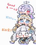  3girls blonde_hair blue_eyes bow character_request chibi chibi_only colored_eyelashes commentary_request earrings grey_hair hair_bow hair_over_one_eye halo highres jewelry jinhsi_(wuthering_waves) long_hair low_twintails mole mole_on_cheek multiple_girls multiple_hair_bows open_mouth parted_bangs pointy_ears purple_hair red_eyes simple_background smile syurikenmaru twintails two_side_up very_long_hair white_background white_bow white_eyelashes white_eyes white_hair wuthering_waves 
