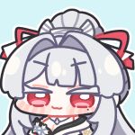  1girl :3 blue_background chibi chibi_only closed_mouth commentary_request hair_intakes hair_ribbon high_ponytail hiyuki_(wuthering_waves) long_hair looking_at_viewer mole mole_under_eye ponytail red_eyes red_ribbon ribbon sidelocks simple_background smile solo syurikenmaru v-shaped_eyebrows white_hair wuthering_waves 