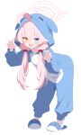 1girl absurdres ahoge alternate_costume animal_costume animal_ear_hood bent_over blue_archive blue_eyes blue_pajamas claw_pose fang full_body hair_bobbles hair_ornament halo heterochromia highres hood hood_up hoshino_(blue_archive) kigurumi light_blush long_hair looking_at_viewer low_twintails open_mouth orange_eyes pajamas penguin_uwu pink_hair pink_halo simple_background slippers solo standing twintails white_background 