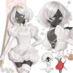  2girls ascot backless_outfit black_skin cloak colored_eyelashes colored_skin commentary flea_(hollow_knight) grey_eyes highres holding holding_needle holding_sign hollow_knight hollow_knight:_silksong hornet_(hollow_knight) humanization juliet_sleeves lace_(hollow_knight) long_sleeves looking_at_viewer multiple_girls needle needle_(hollow_knight) puffy_sleeves red_cloak short_hair shuidi_weiguang sign thighhighs tiara white_hair white_thighhighs 