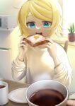  1girl 1other aqua_eyes ataraii_moyasi backlighting bangs blonde_hair blue_eyes breakfast coffee coffee_mug cup eating food fried_egg fried_egg_on_toast highres holding holding_food indoors kagamine_rin kitchen long_sleeves looking_at_food microphone microwave mug nail_polish open_mouth pale_skin plant plate potted_plant pov pov_across_table pov_hands refrigerator ringed_eyes shirt short_hair solo_focus swept_bangs table teeth toast upper_teeth vocaloid white_shirt window yellow_nails 