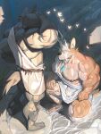3:4 abs anthro arthropod big_bulge big_muscles big_pecs bulge butterfly canid canine canis chest_gem chest_markings clothed clothing column detailed_bulge duo fluffy fluffy_tail gem grass hair hand_on_leg hand_on_thigh hi_res holding_object inner_ear_fluff insect kneeling lepidopteran long_ears looking_at_another male male/male mammal markings muscular muscular_arms muscular_legs muscular_male nipple_outline nipples orange_eyes outside partially_submerged pecs plant pointy_ears pouring rock sculpture skimpy statue swimming_pool tail toga tuft uriex wet wet_clothing wolf
