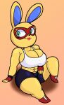  2022 abs absurd_res animal_crossing anthro big_breasts bottomwear breast_squish breasts cleavage cleavage_overflow clothed clothing crop_top curvy_figure digital_media_(artwork) eyelashes female fingerless_gloves fingers footwear fur gloves handwear hi_res huge_breasts lagomorph leporid lips mammal mask mira_(animal_crossing) muscular muscular_anthro muscular_female nintendo rabbit shirt shoes shorts side_boob simple_background sitting smile solo someth1ngoranother squish tan_background teal_eyes thick_thighs topwear video_games voluptuous wide_hips yellow_body yellow_fur 
