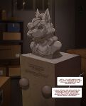 2026 absurd_res anthro bigtiddyfox bound bovid canid canine caprine concrete dialogue encasement english_text female fox hi_res hybrid male_(lore) mammal offscreen_character raiko_amani sculpture sheep simone_augustine_(bigtiddyfox) solo speech_bubble statue storage text