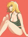  1girl bangs bare_arms bare_legs black_panties blonde_hair breasts brown_eyes cagalli_yula_athha cleavage closed_mouth collarbone crop_top gundam gundam_seed hair_between_eyes highres long_hair medium_breasts nito_minatsuki panties red_background shiny shiny_hair sitting sketch smile solo underwear underwear_only 