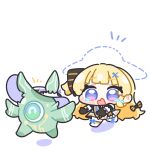  1girl black_gloves blonde_hair blue_eyes bow chibi chibi_only commentary_request crying gloves hair_bow hair_ornament highres long_hair open_mouth phoebe_(wuthering_waves) running simple_background striped_bow syurikenmaru tearing_up tears wavy_eyes white_background wuthering_waves x_hair_ornament 