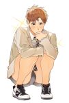  1boy blush briefs brown_eyes brown_hair brown_jacket bulge collared_shirt grey_male_underwear hand_in_mouth jacket looking_at_viewer male_focus male_underwear min_(bellta) necktie no_pants open_clothes open_jacket original shirt short_hair solo squatting underwear white_shirt 