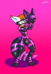 animate_inanimate anthro canid canine chastity_device clothed clothing cock_gag digital_media_(artwork) drone dronesuit dronification femboy fox fur gag genitals hi_res latex latex_clothing living_clothing long_tail male mammal muttnick null_bulge penis shaded simple_background solo struggling tail visor white_body white_fur
