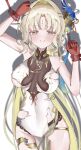  1girl absurdres alternate_breast_size_(larger) arm_up blonde_hair blush bound bound_wrists breasts chinese_clothes commentary_request dress gloves hair_intakes hair_ornament hair_stick hand_up highres jewelry large_breasts long_hair looking_at_viewer parted_bangs parted_lips qipao red_gloves solo suisui_(wuthering_waves) suyosuyo tacet_mark_(wuthering_waves) thighlet thighs torn_clothes white_dress wuthering_waves yellow_eyes 