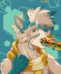  absurd_res anthro blue_body blue_ears blue_eyes blue_fur blue_hands blue_nose blue_tongue blush canid canine dragon fangs food fox fur hair heterochromia hexagon hexy(drox) hi_res horn hybrid jeku male mammal pattern_background sandwich_(food) scales scarf simple_background solo tongue tongue_out whiskers white_body white_fur white_hair 